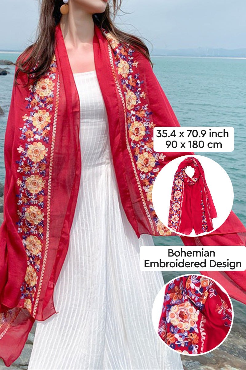 Red embroidered travel-must shawl with bohemian floral design, lightweight and versatile wrap measuring 35.4 x 70.9 inches, perfect for sun protection and multiple wear styles.