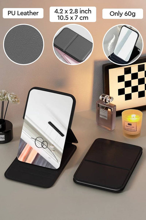 Compact Travel Pocket Mirror with durable PU leather, lightweight design, and clear glass surface, perfect for purse or pocket.