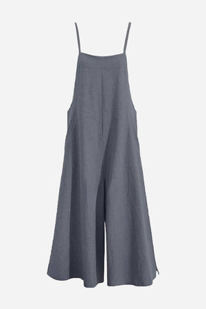 Women's gray cotton blend comfort jumpsuit with wide-leg design and adjustable straps for breathable, casual style