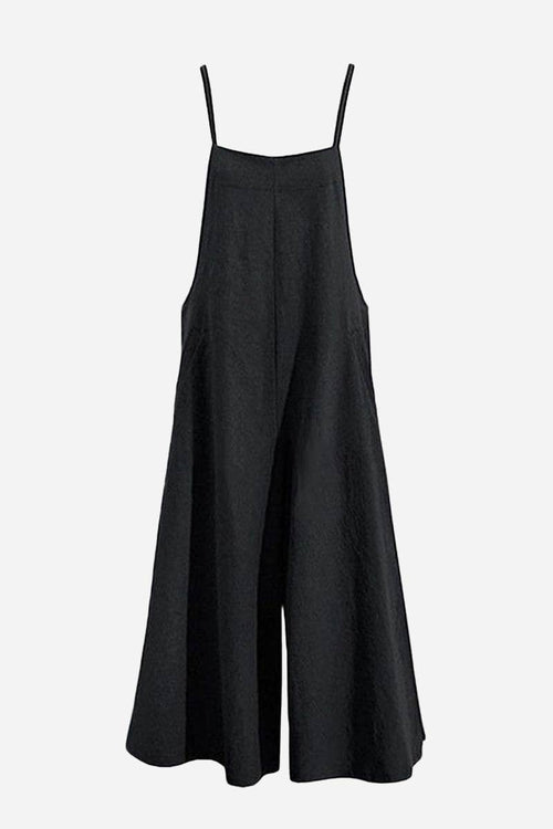 Black cotton blend comfort jumpsuit with wide-leg design and adjustable straps