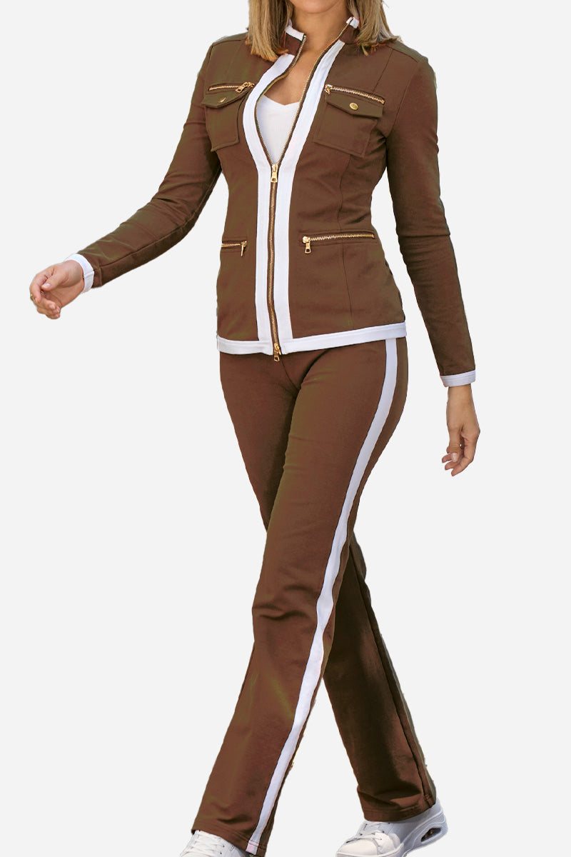 brown contrast zip two-piece outfit with white trim and gold zipper accents on woman model