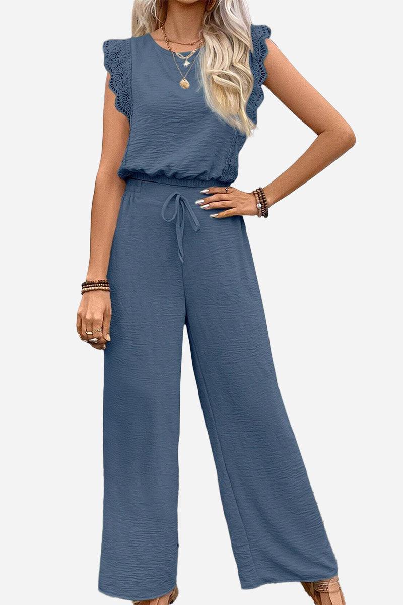 Elegant two-piece set with lace detail, soft fabric, and relaxed fit in blue