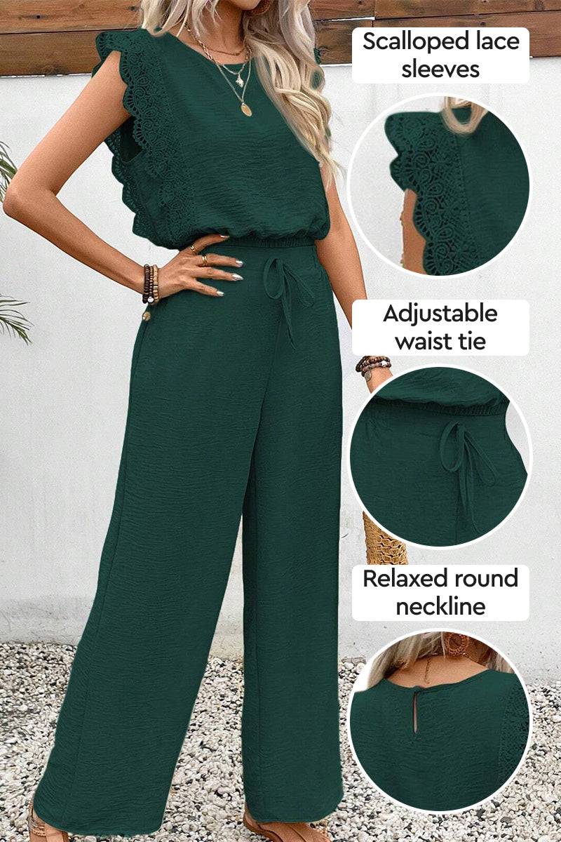 Elegant two-piece set in dark green with scalloped lace sleeves, adjustable waist tie, and relaxed round neckline.