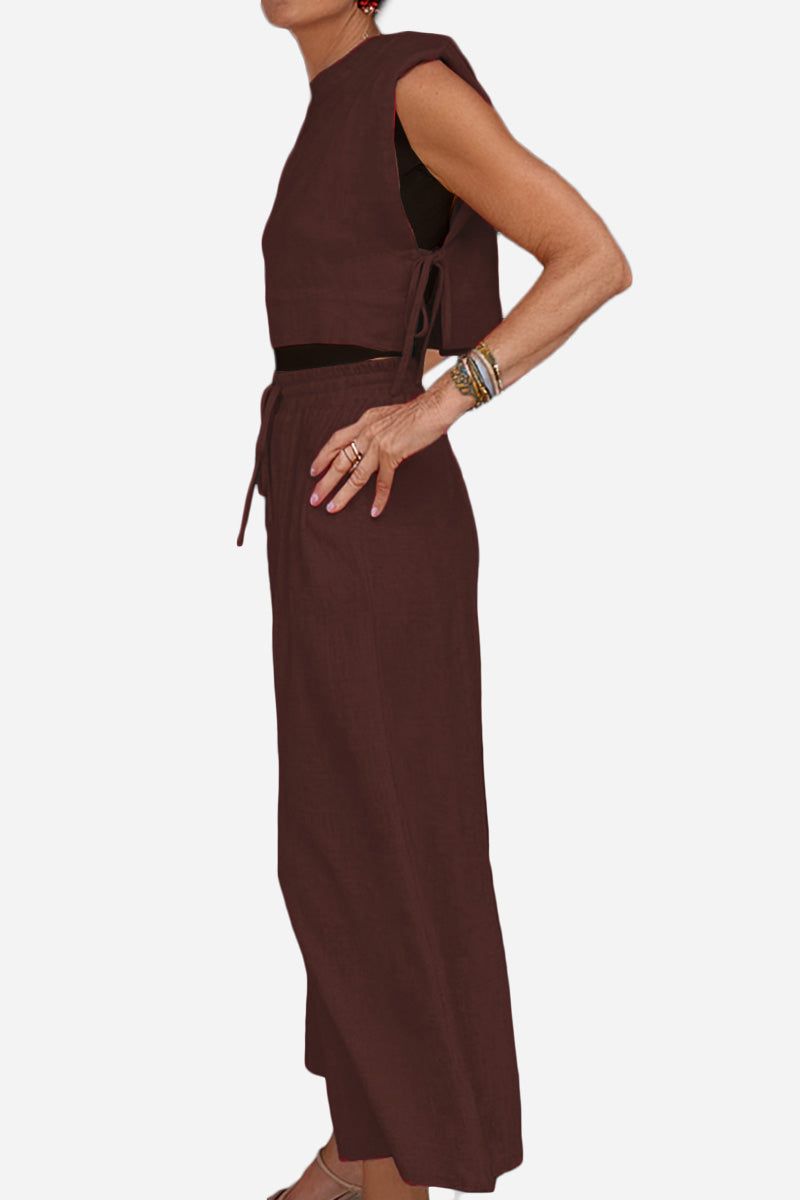 woman wearing brown breathable cotton-linen blend sleeveless two-piece outfit side view