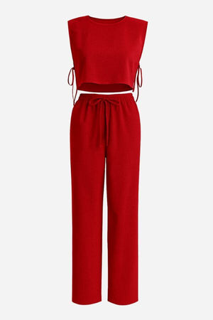 Breathable cotton-linen red sleeveless crop top and drawstring pants two-piece set