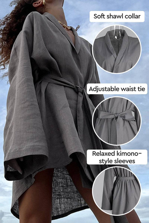 Gray cotton-linen blend luxury spa robe with shawl collar, adjustable waist tie, and relaxed kimono sleeves