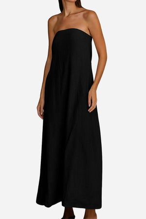 Black strapless maxi dress in breathable cotton linen blend fabric with A-line silhouette and elastic back panel