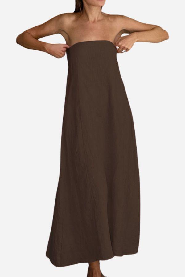Strapless brown maxi dress in breathable cotton linen blend fabric with A-line silhouette and elastic back panel for comfort
