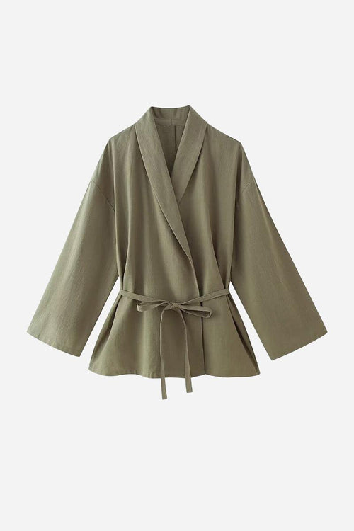 Olive green wide-leg top from Mix-Match Lounge-to-Travel Set with belted waist and relaxed fit