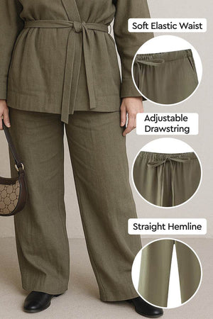 Women's mix-match lounge-to-travel set featuring wide-leg pants with soft elastic waist, adjustable drawstring, and straight hemline in earthy olive tone