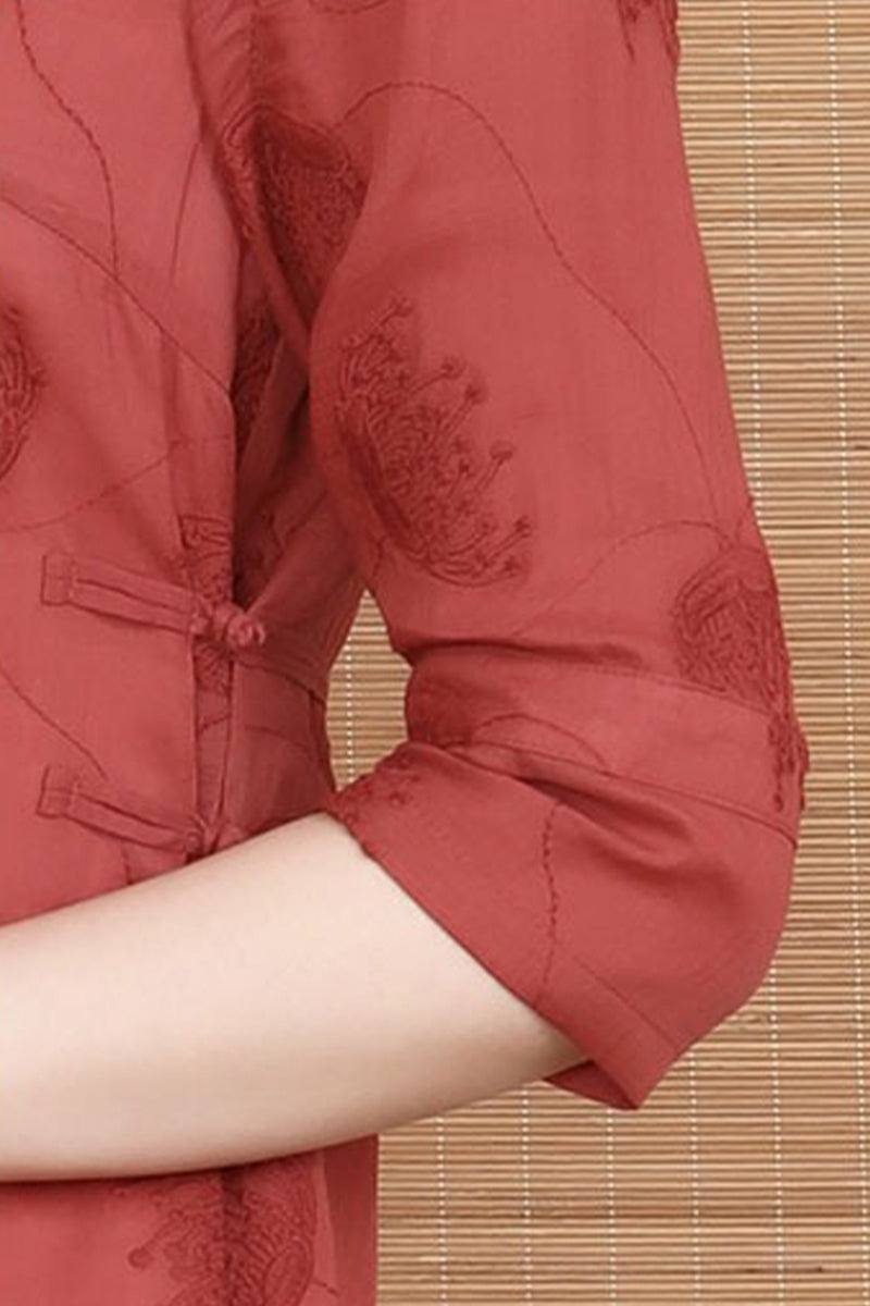 rusty orange 100% linen embroidered notch-neck midi dress with 3/4 sleeves