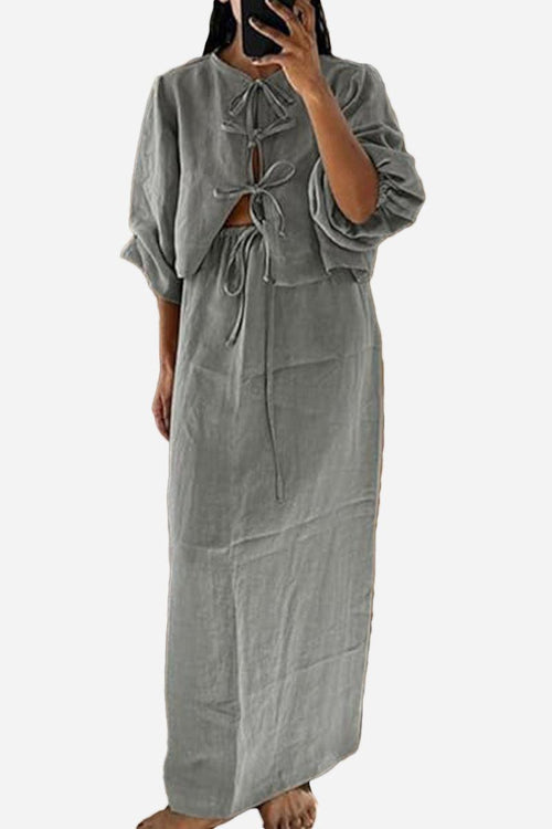 100% cotton long-sleeve crop top and maxi skirt set in grey with tie-front detail