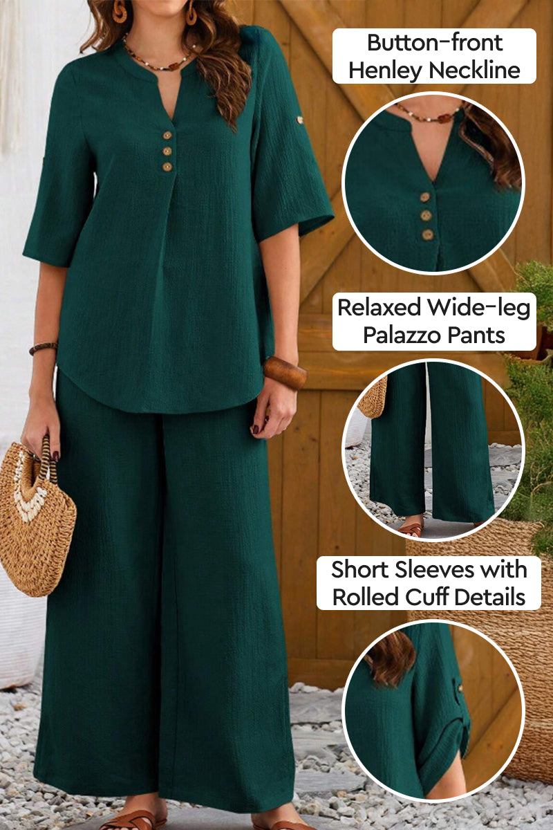 Wrinkle-free wide leg palazzo pants and button-front top set with short sleeves and rolled cuff details in dark green