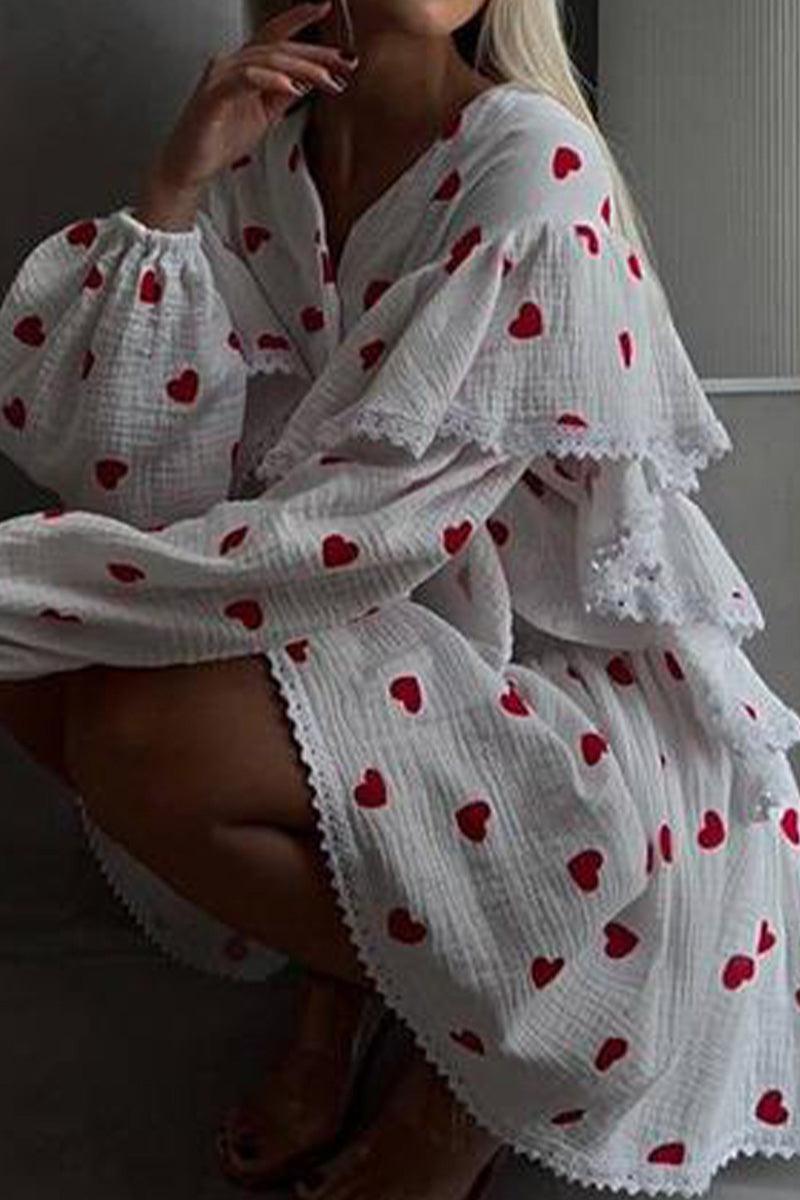 Sweet Countryside 100% cotton ruffled two-piece set with red heart prints and puffed sleeves