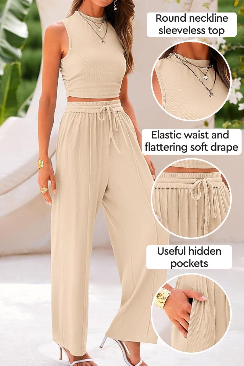 Woman wearing beige Stroll & Hangout Ribbed Knit two-piece set with sleeveless round neckline top and wide-leg pants with elastic waist and pockets