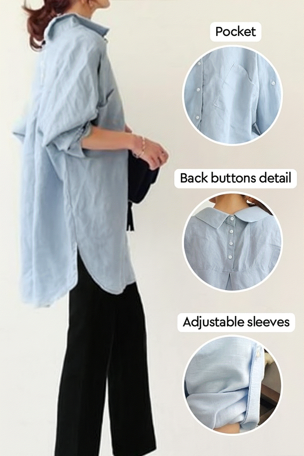 Woman wearing light blue linen-cotton blend Linen Breeze Set with back button details, adjustable sleeves, and black pants.