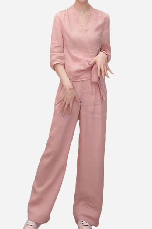 women's breathable cotton-linen pink wrap top and wide leg pants set