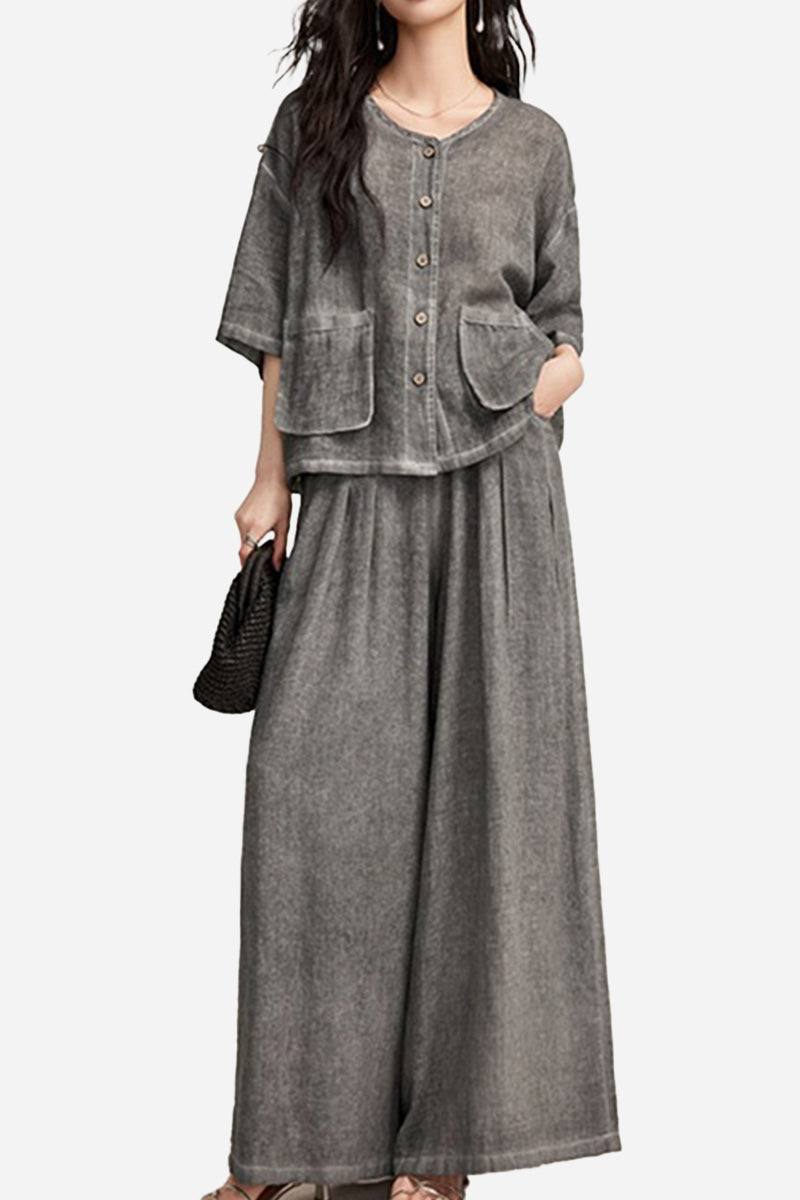 100% linen stone-washed breezy two-piece set with button-up top and wide-leg pants in muted gray tones