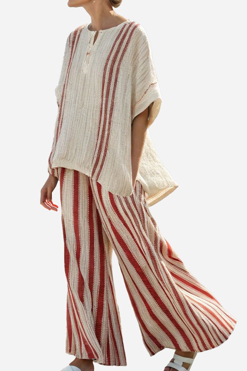 Santorini Sunset Striped two-piece set with soft textured fabric, loose fit top and wide-leg pants in beige and rust stripes.