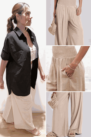 Oversized Linen Leaved-IN Set featuring breathable oversized black linen-blend shirt and flowy beige wide-leg palazzo pants with elastic waistband and pockets.