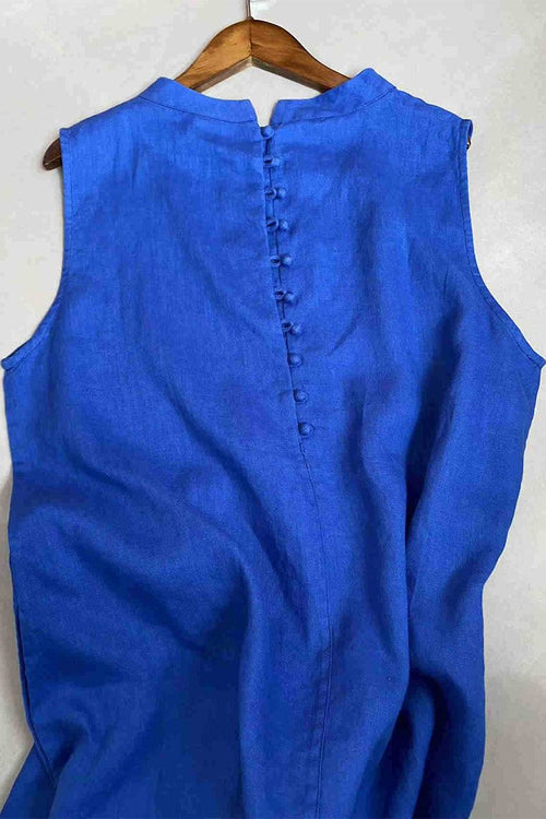 Sunrise Market 100 linen midi dress sleeveless blue breathable fabric elegant back button detail