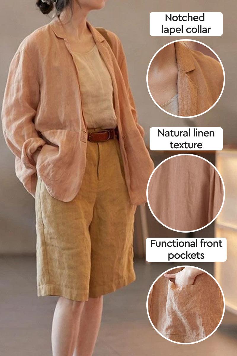 Peach linen jacket shirt with notched lapel collar, natural linen texture, and functional front pockets.