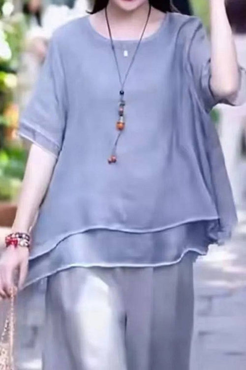 Loose-fit Provence cotton linen blend layered top and wide-leg trousers set for breathable, comfortable summer wear