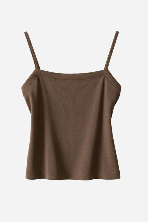 Soft Mornings brown breathable tank top with slim straps, part of wrinkle-free shirt and shorts set