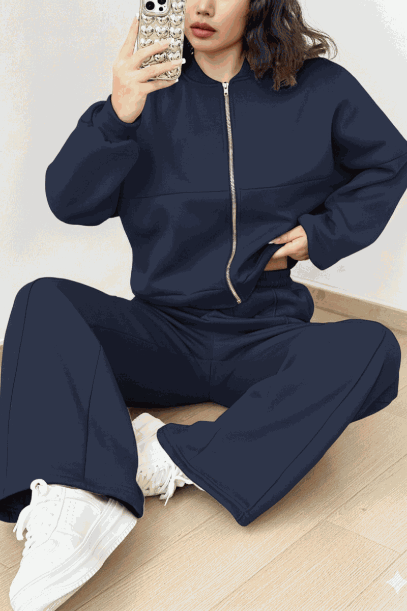 The Voyager Zip Set navy zip-front sweatshirt and wide-leg joggers travel outfit with pockets