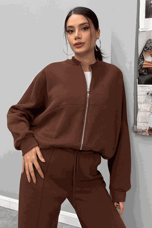 The Voyager Zip Set brown zip-front sweatshirt and wide-leg joggers travel outfit for women