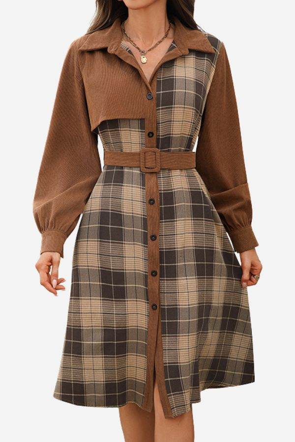 Retro corduroy dress with plaid pattern, belted waist, and long sleeves in brown tones.