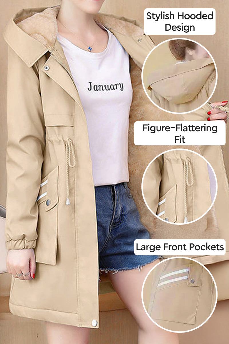 Cityscape Comfort Hooded Windbreaker beige mid-length coat with plush lining, stylish hood, figure-flattering fit, and large front pockets.