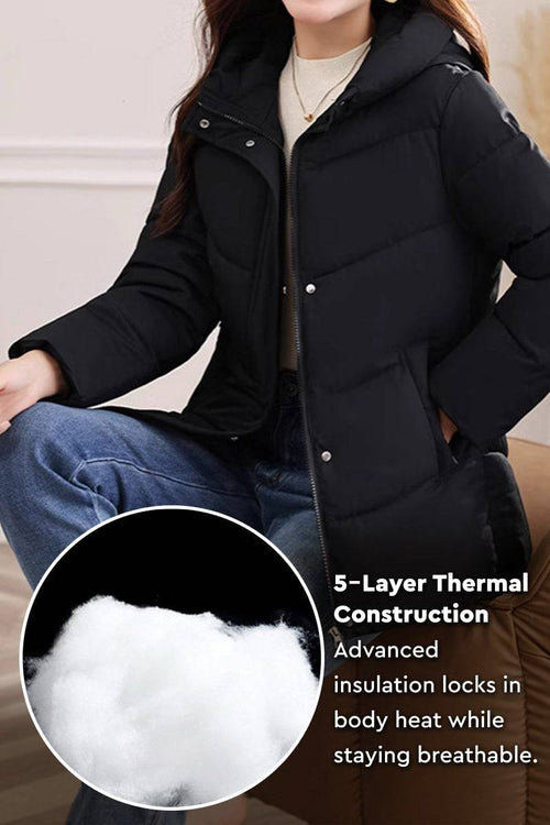 Everyday Warmth Coat black mid-length hooded coat with 5-layer thermal insulation and breathable warmth