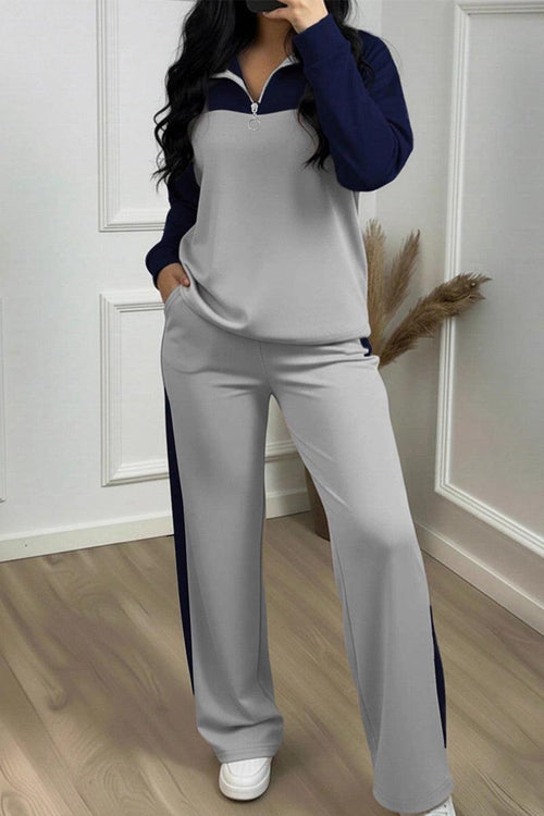 Colorblock Comfort Leisure Set with half-zip top and wide-leg pants in navy and gray for cozy winter wear
