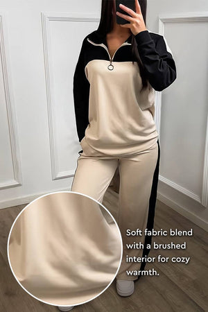 Colorblock Comfort Leisure Set in beige and black with half-zip top and wide-leg pants in soft winter-weight fabric