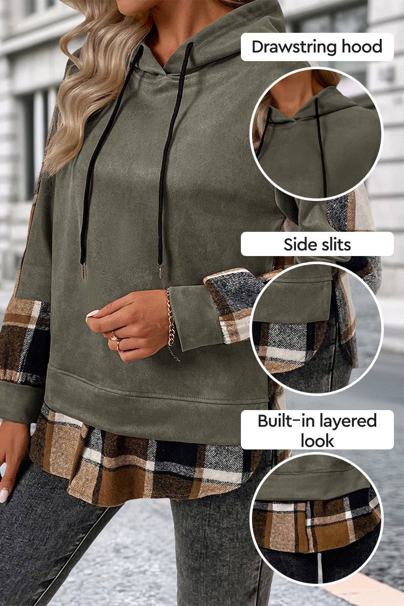 Countryside Layered Hoodie with built-in plaid hem, drawstring hood, and side slits in cozy velvet-touch fabric