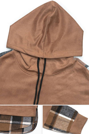 Brown Countryside Layered Hoodie with built-in plaid hem and cuff accents, drop shoulder design, and drawstring hood.