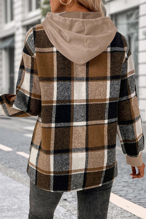 Back view of the Countryside Layered Hoodie with built-in plaid and beige drawstring hood, casual relaxed fit.