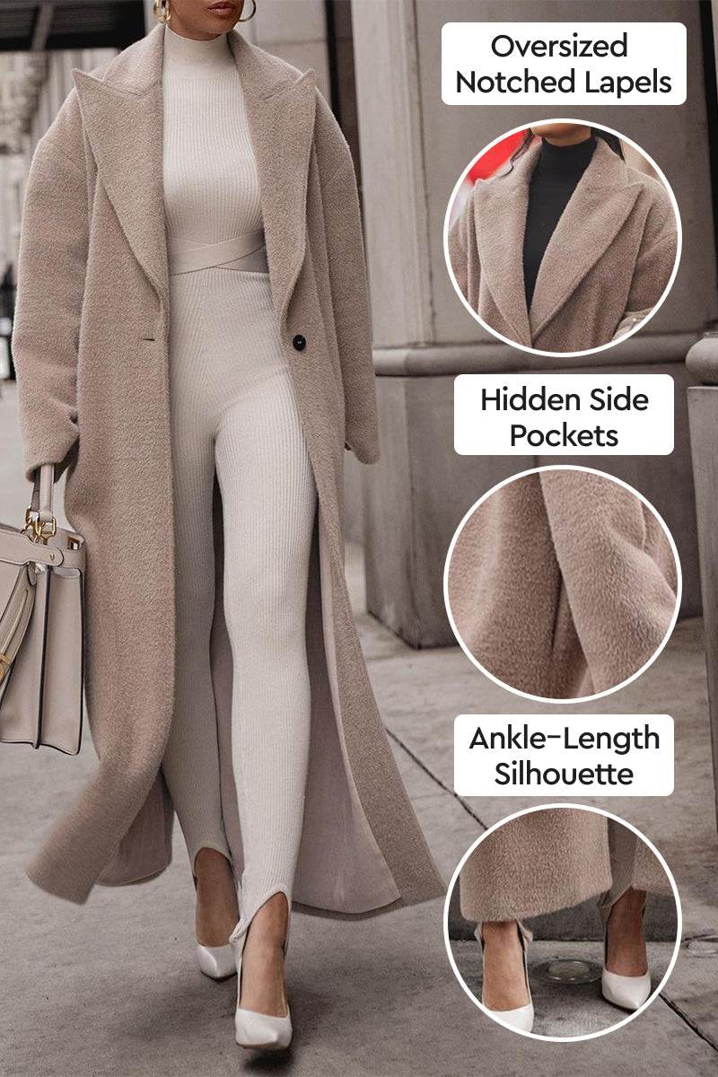 Beige oversized teddy coat with notched lapels, hidden side pockets, and ankle-length silhouette worn over white outfit