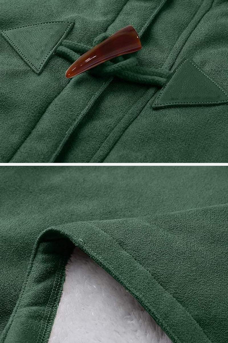 Close-up of dark green warm toggle button hooded coat with soft faux suede exterior and sherpa lining