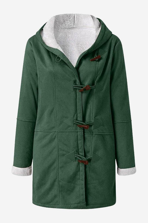 Green Warm Toggle Button Hooded Coat with faux suede exterior and sherpa lining