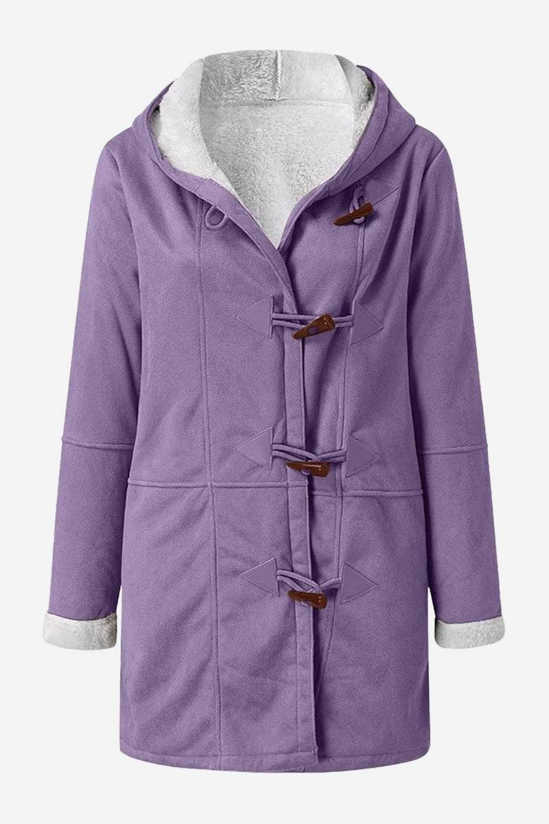 Purple warm toggle button hooded coat with faux suede exterior and sherpa lining