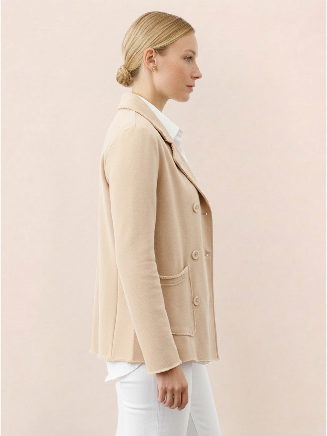 Modern cotton-blend double-breasted blazer with raw-edge seaming and patch pockets