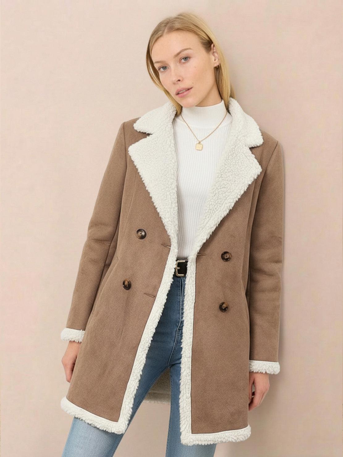 Mid-thigh faux suede sherpa coat with contrast trim and side pockets, lightweight and relaxed fit.