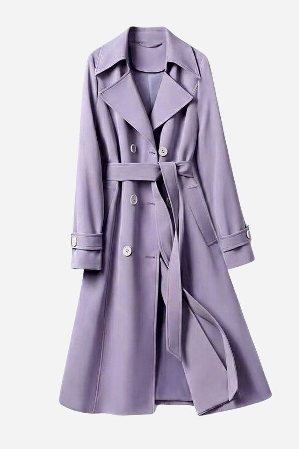 Timeless Retro Belted Trench Coat in lavender with double-breasted buttons and adjustable waist belt