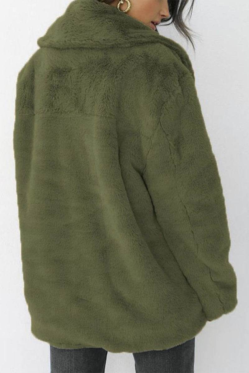 Olive green open front oversized faux fur jacket with plush shawl collar and relaxed fit