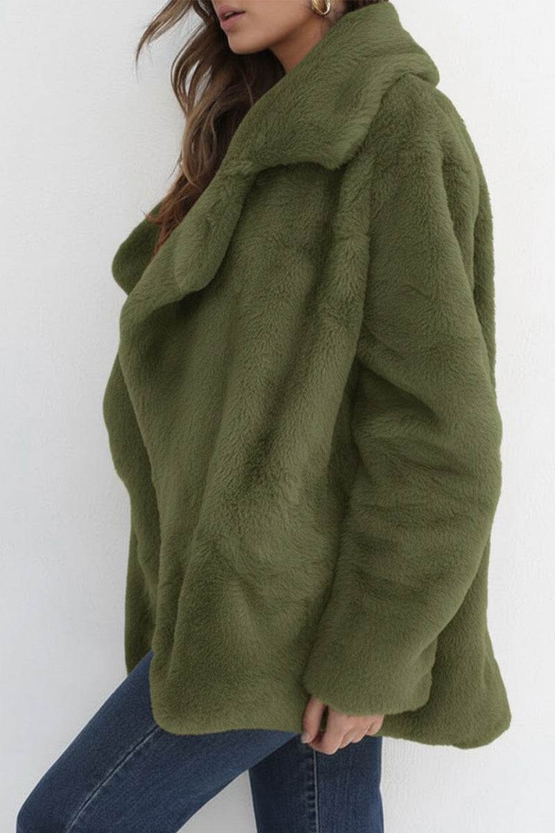 Olive green open front oversized faux fur jacket with draped shawl collar and relaxed fit