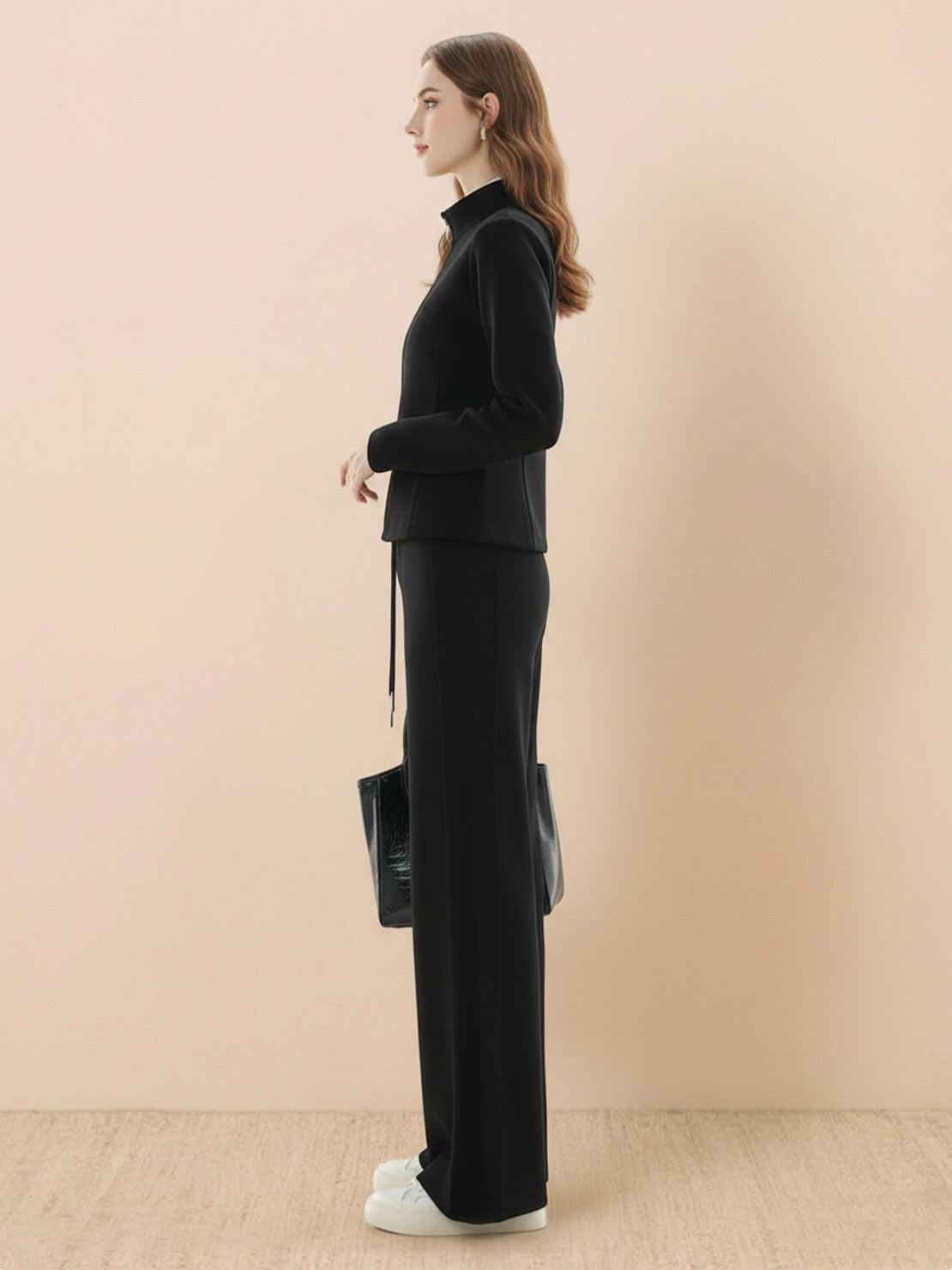 Nano-Fleece Zip Two-Piece Set with hip-length jacket and wide-leg pants in soft wrinkle-resistant fabric