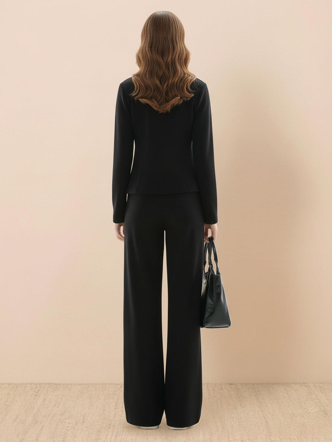 Sleek Nano-Fleece Zip Two-Piece Set with hip-length jacket and wide-leg pants for warm, wrinkle-resistant comfort