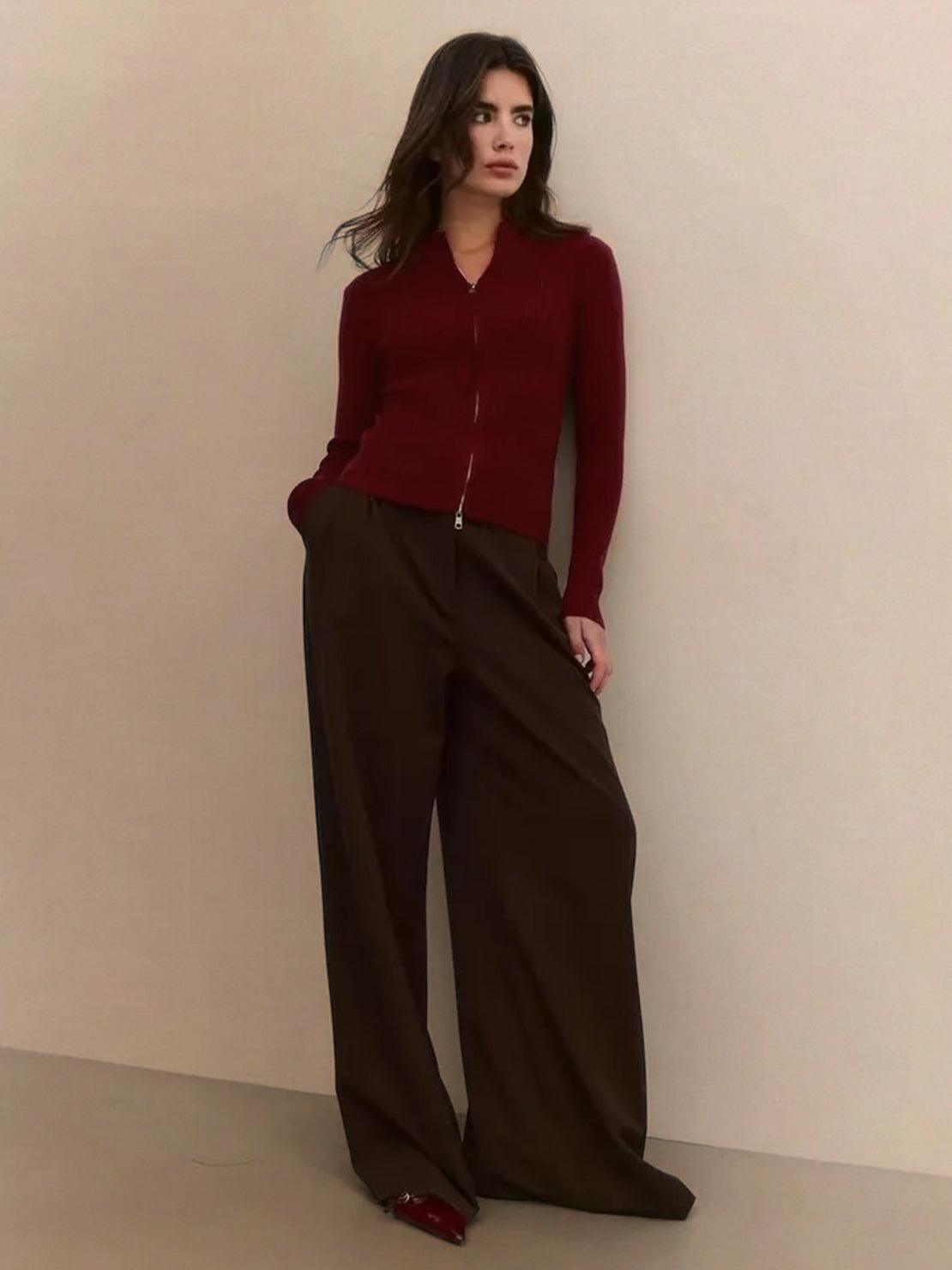 Slim zip-up knit cardigan jacket with vertical ribbing and high neckline